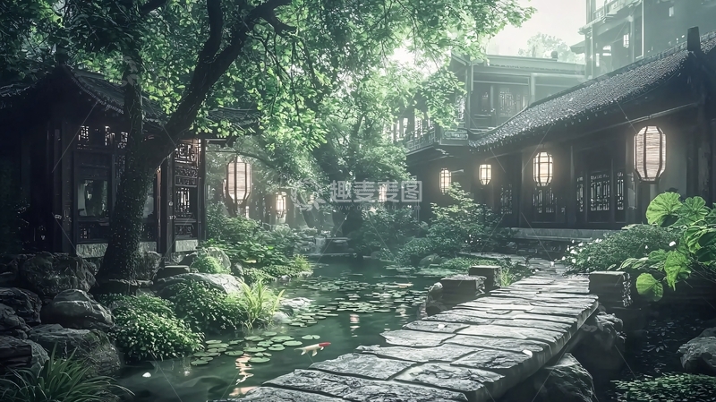 高清大图下载【趣麦麦图】清晨中式庭院小景