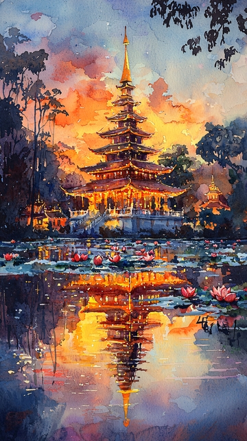 水彩风格的宝塔建筑