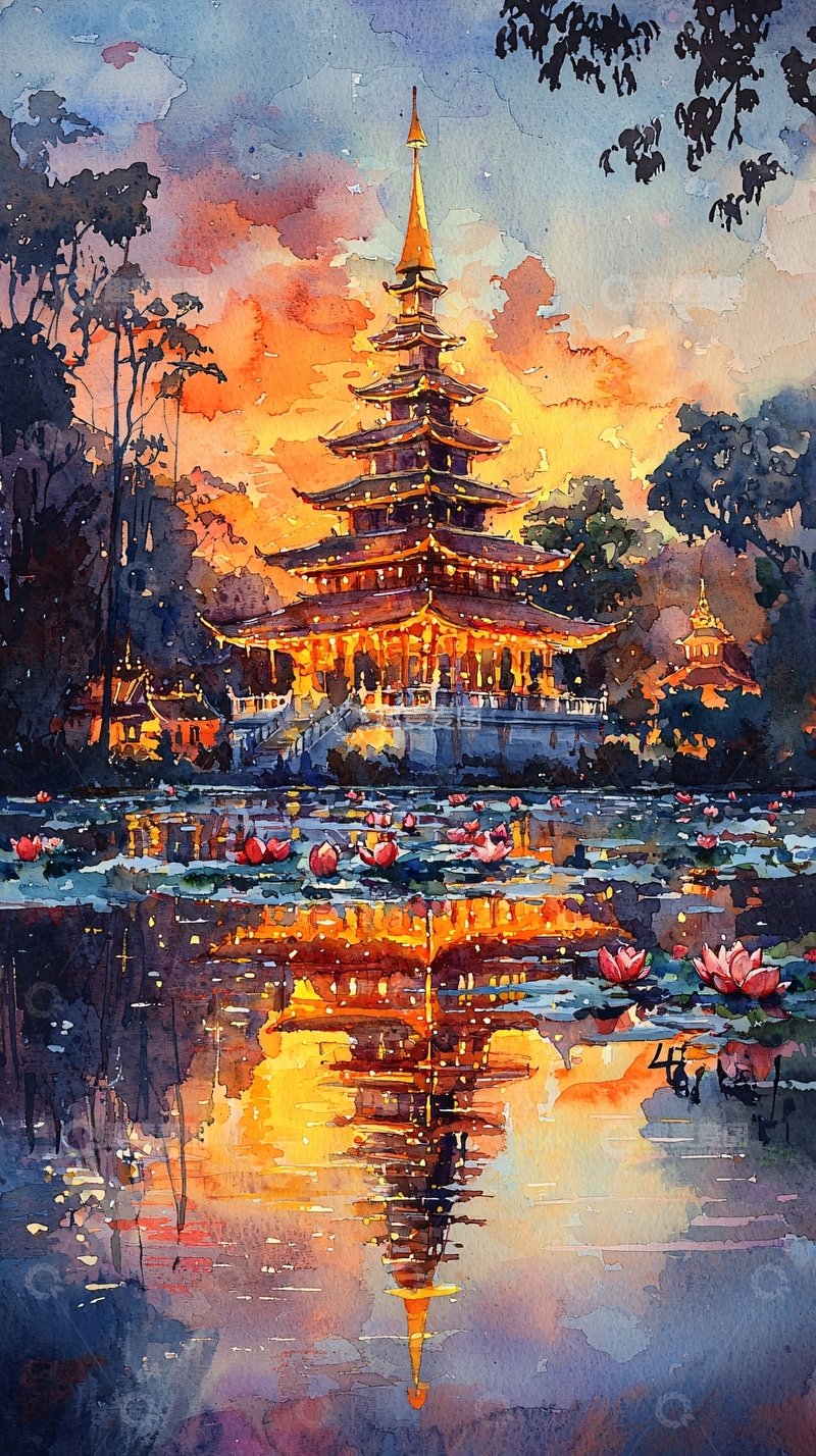 高清大图下载【趣麦麦图】水彩风格的宝塔建筑