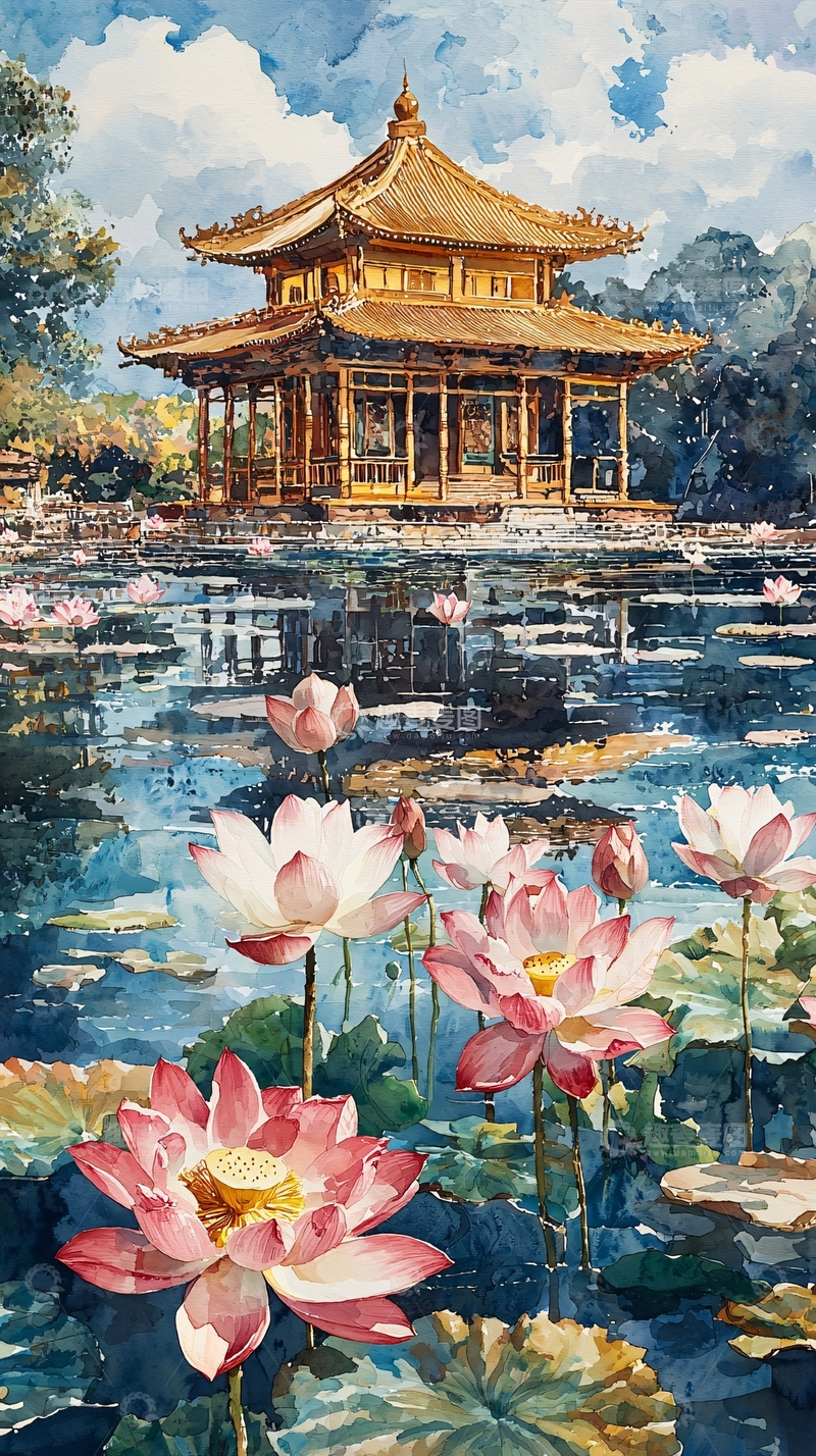 高清大图下载【趣麦麦图】水彩风格的中国亭台楼阁