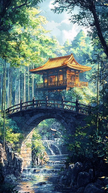 山间竹林中的古风建筑