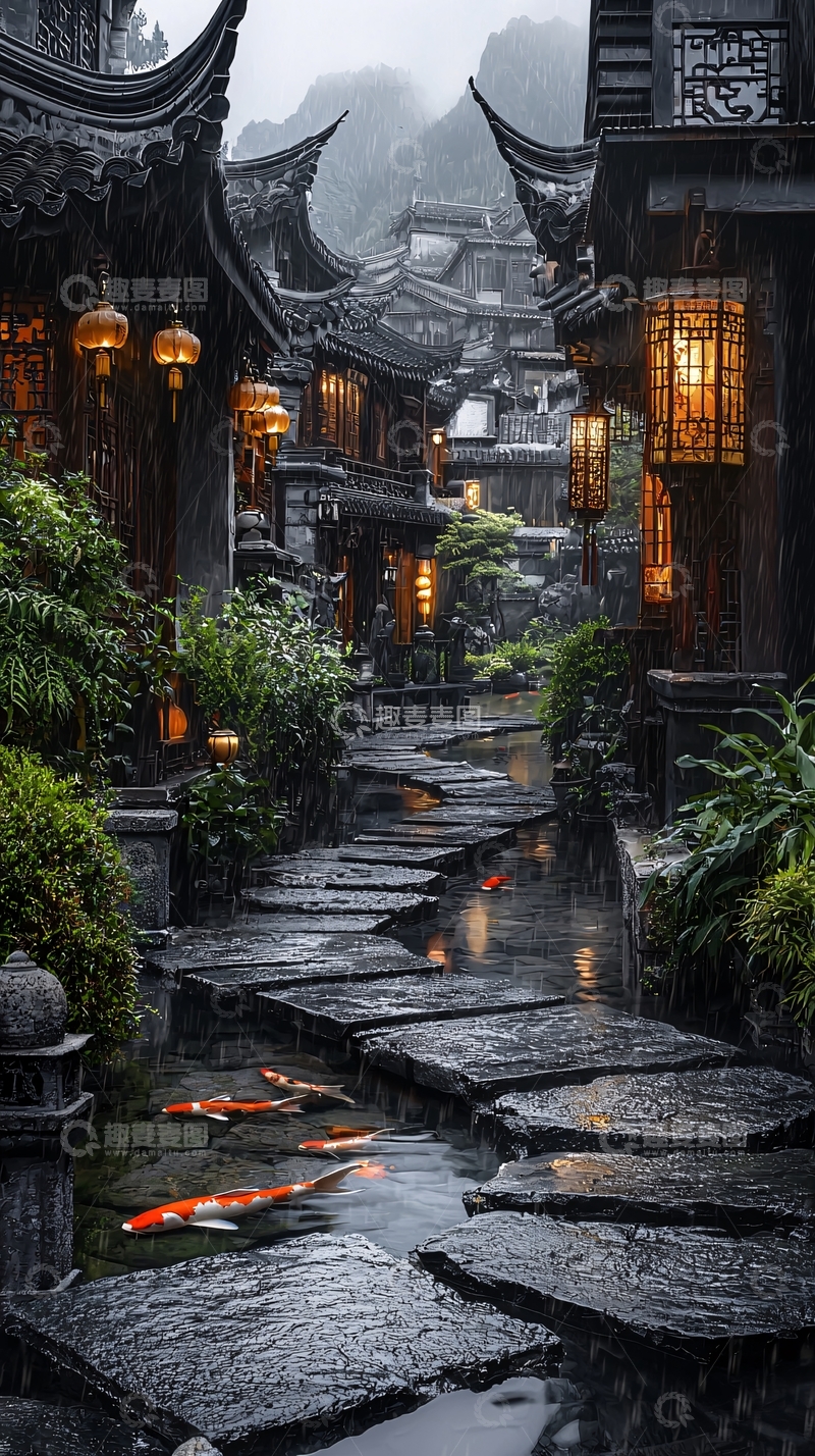高清大图下载【趣麦麦图】水墨江南古镇雨景