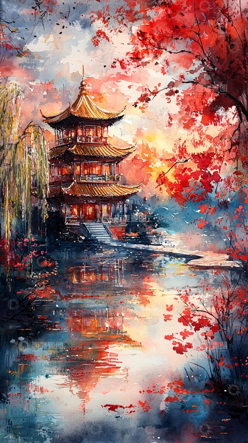 高清大图下载【趣麦麦图】湖畔红叶掩映下的古建筑