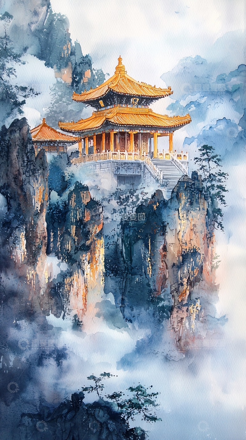 高清大图下载【趣麦麦图】山顶云雾缭绕的寺庙