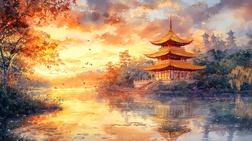 水面倒影下的金色宝塔