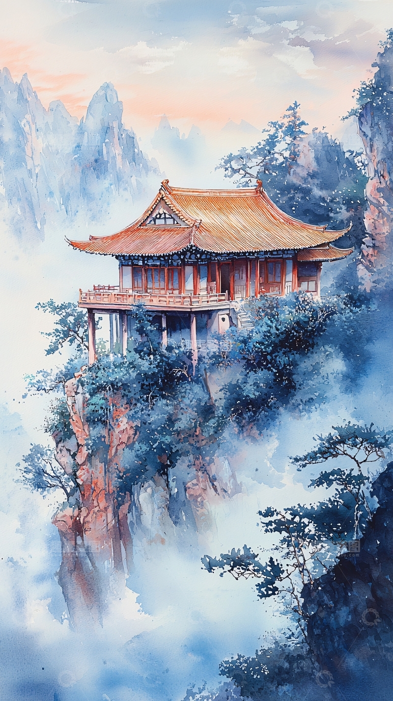 高清大图下载【趣麦麦图】山崖上的古色古香建筑