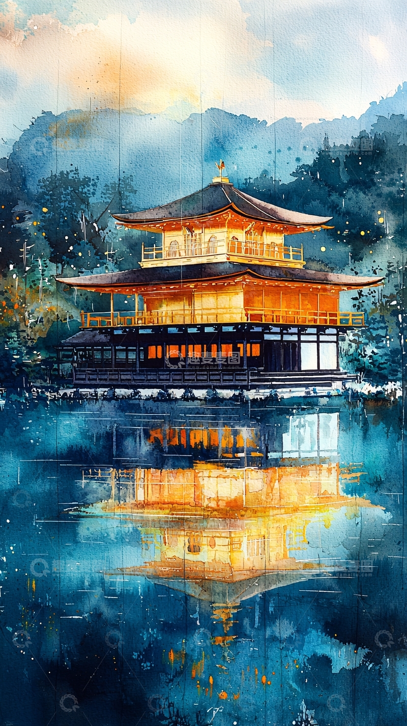 高清大图下载【趣麦麦图】金阁寺水彩画
