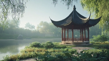 清晨雾气中式凉亭