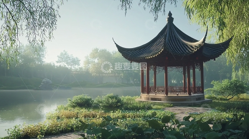 高清大图下载【趣麦麦图】清晨雾气中式凉亭
