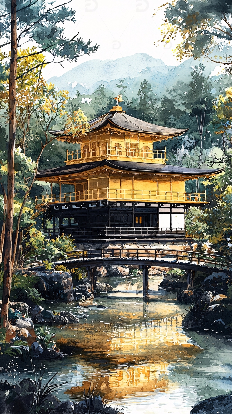 金色寺庙在山水间