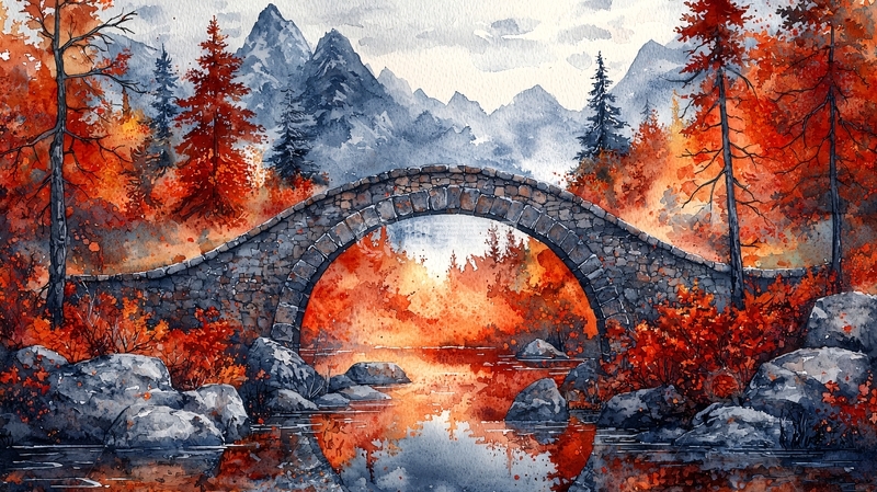 高清大图下载【趣麦麦图】秋日山林拱桥风景