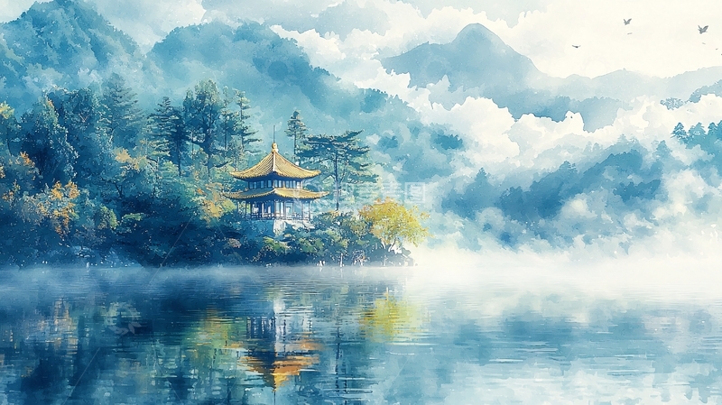 高清大图下载【趣麦麦图】水上亭台楼阁笼罩着薄雾