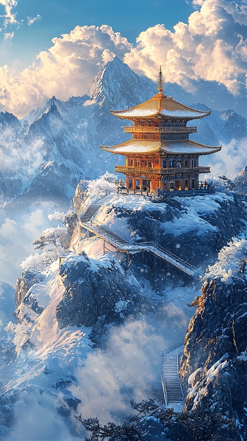 雪山之巅的金色宝塔