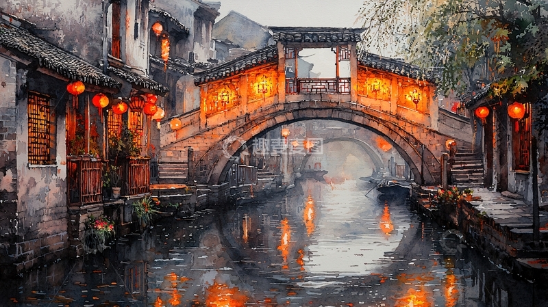 高清大图下载【趣麦麦图】水乡古镇夜景水彩画