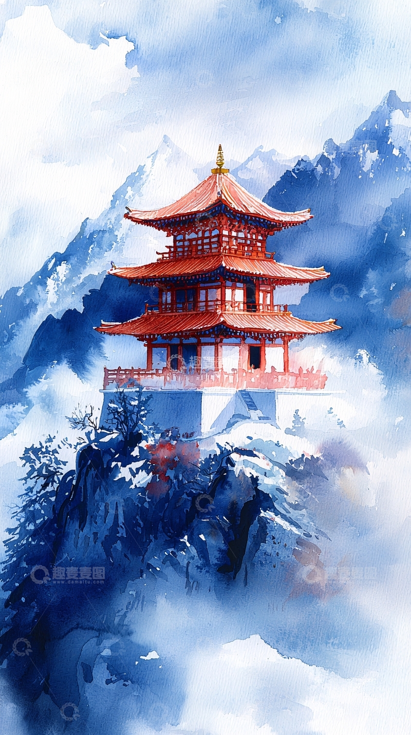 高清大图下载【趣麦麦图】山顶上的红顶亭台楼阁