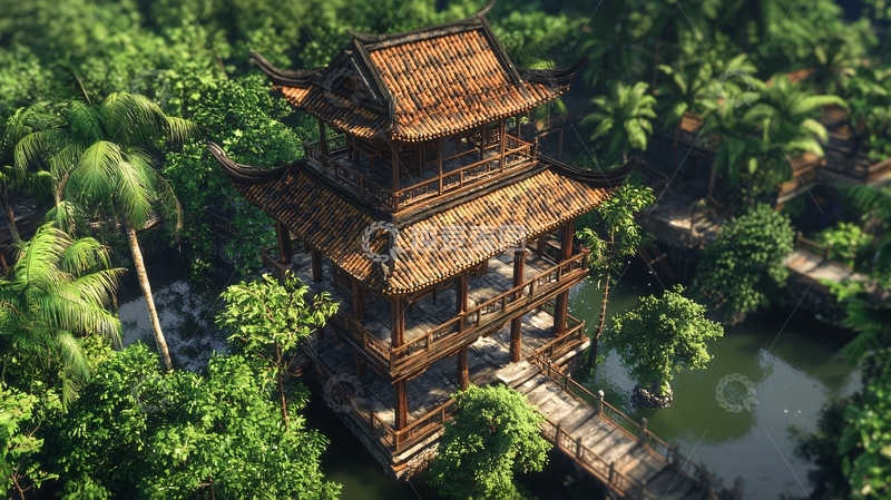 高清大图下载【趣麦麦图】热带雨林中式木质高塔
