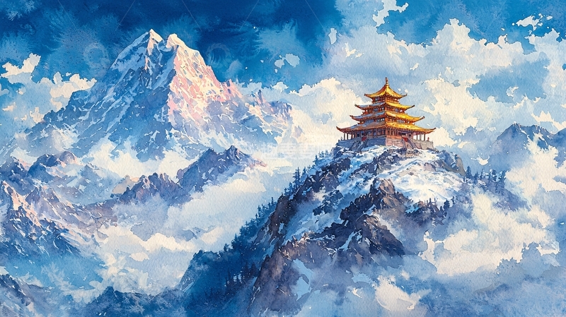 高清大图下载【趣麦麦图】雪山寺庙风景画