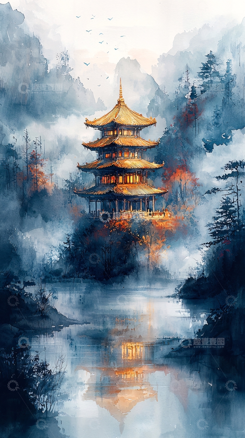 高清大图下载【趣麦麦图】水墨风格的古塔山水