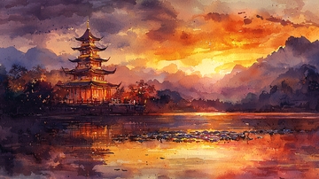 湖边夕阳下的古风宝塔