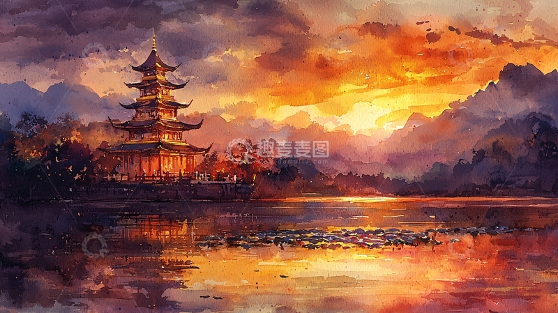 高清大图下载【趣麦麦图】湖边夕阳下的古风宝塔