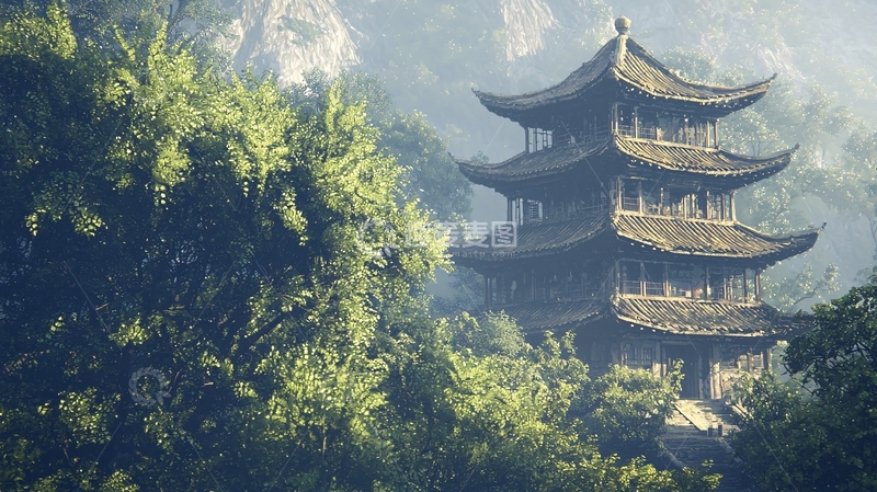 高清大图下载【趣麦麦图】山间古色古香的木质塔楼