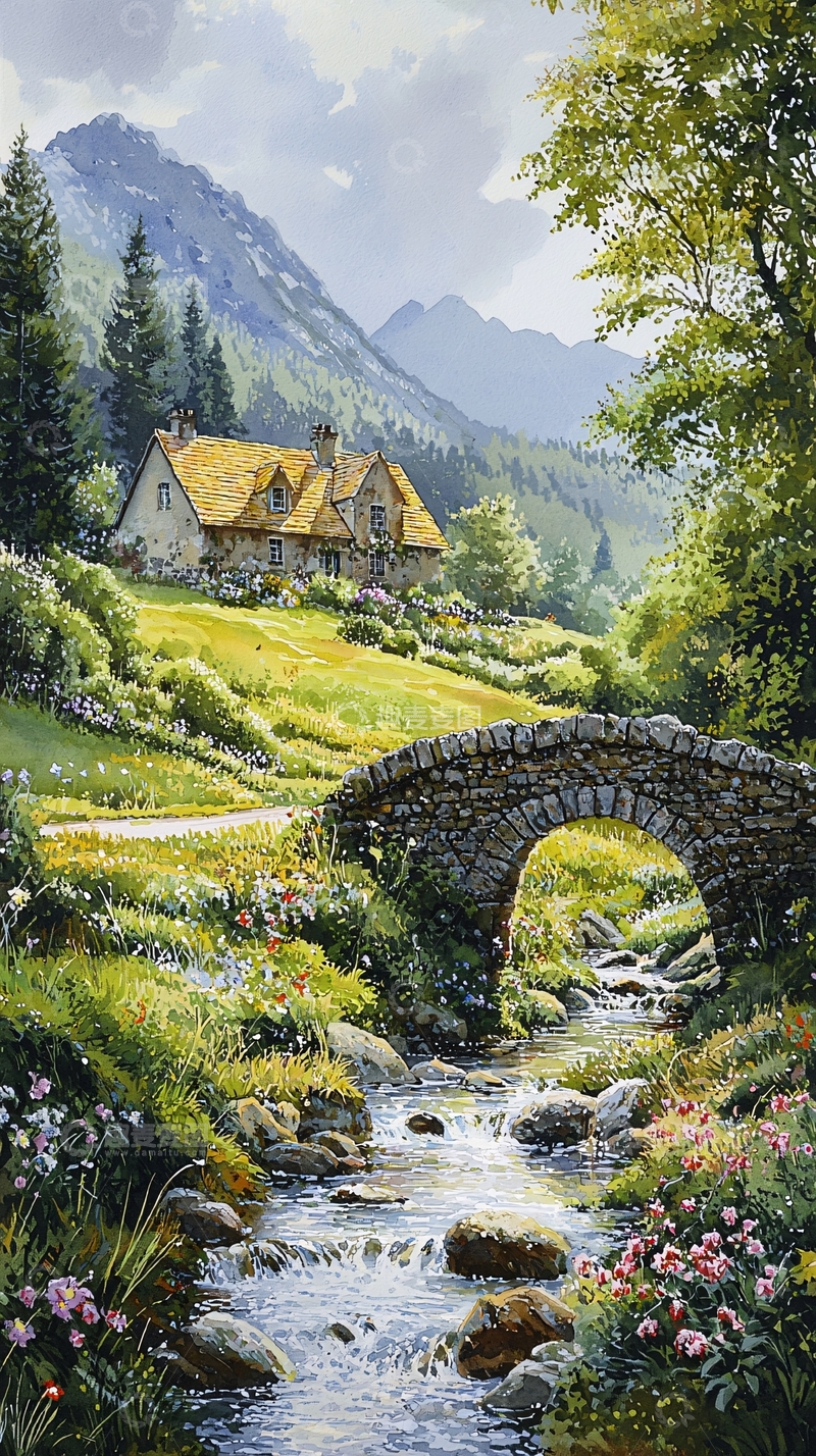 高清大图下载【趣麦麦图】田园小屋石桥流水