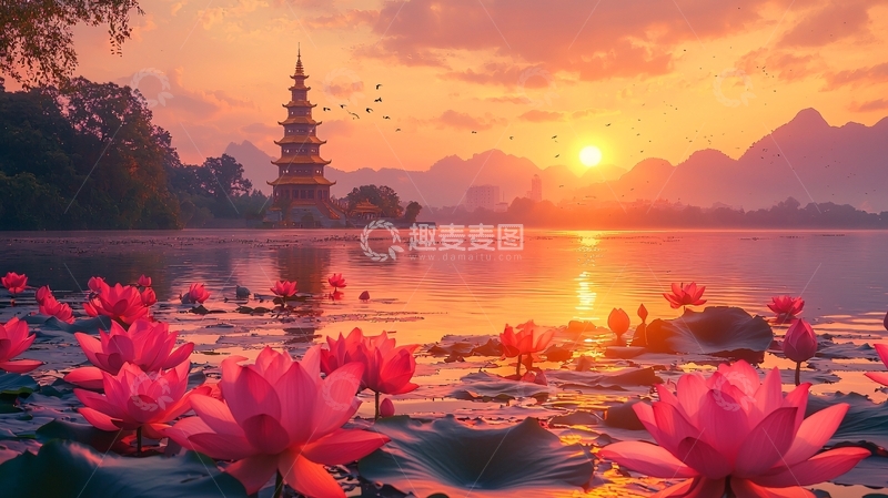 高清大图下载【趣麦麦图】日落余晖下的古塔荷花