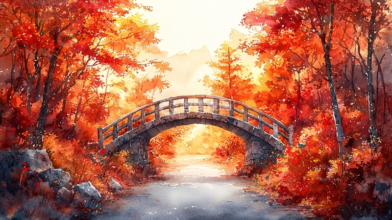 高清大图下载【趣麦麦图】秋日红叶小桥流水