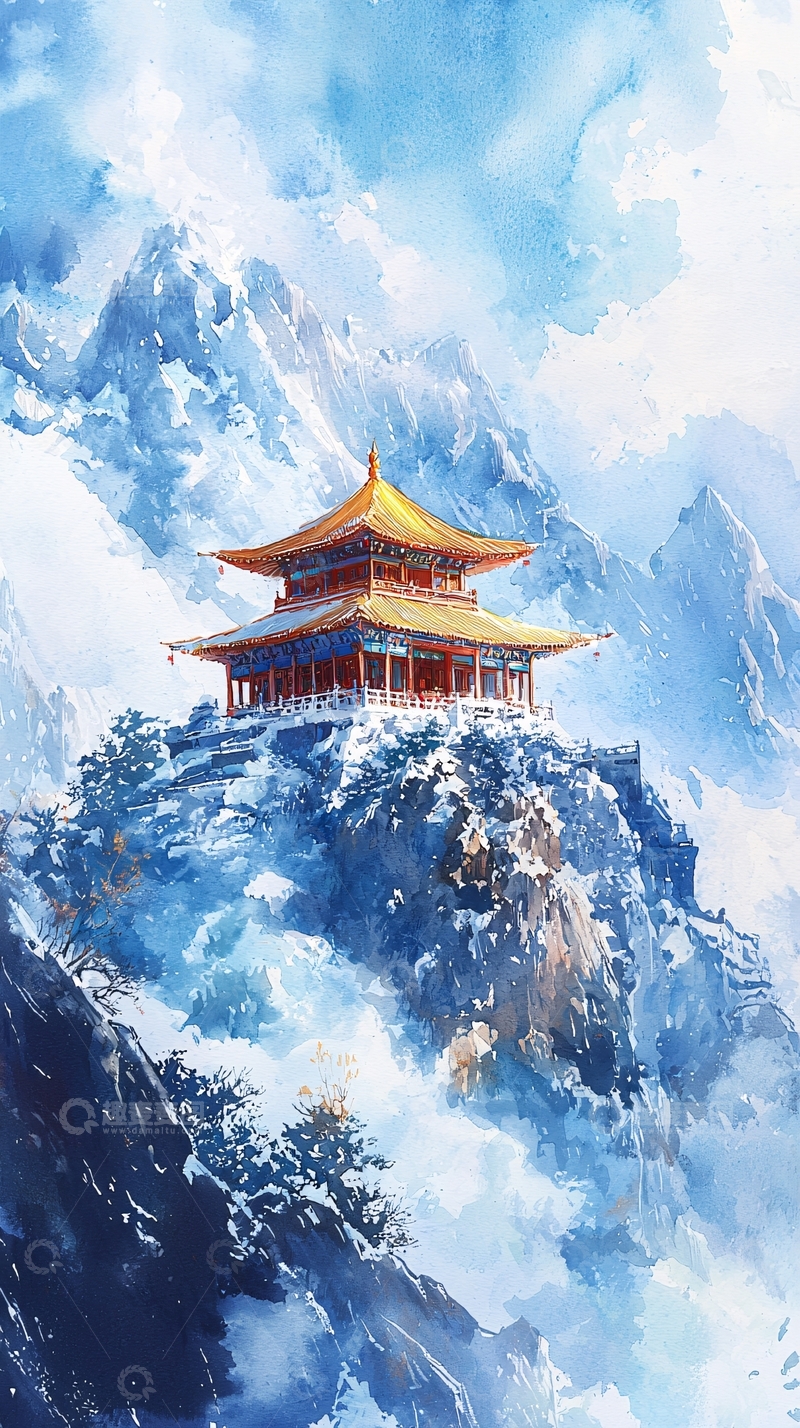 高清大图下载【趣麦麦图】雪山上的中国古建筑