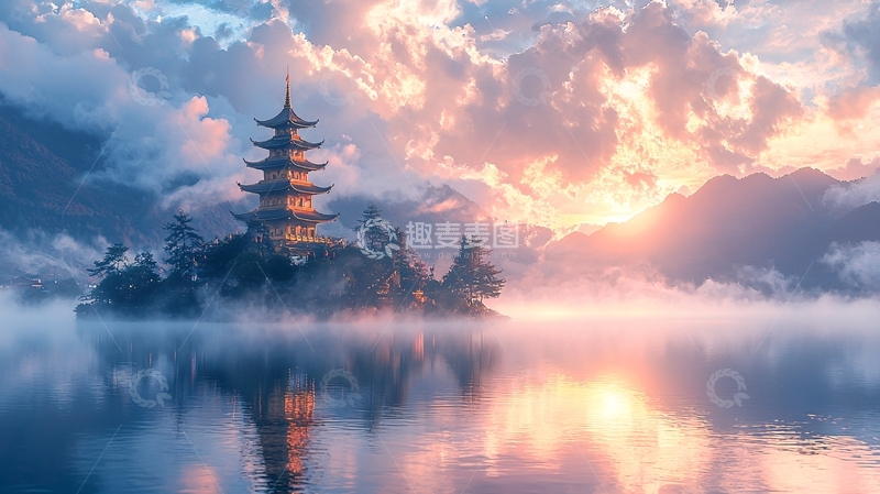 高清大图下载【趣麦麦图】日式佛塔湖景日出