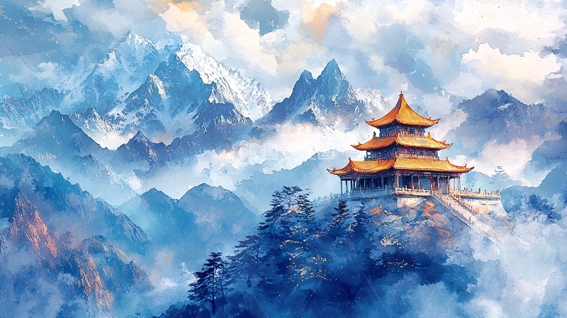 高清大图下载【趣麦麦图】山巅云雾缭绕的寺庙