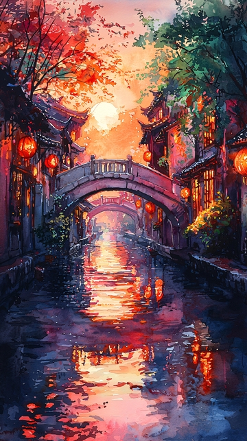 水彩风格的江南水乡