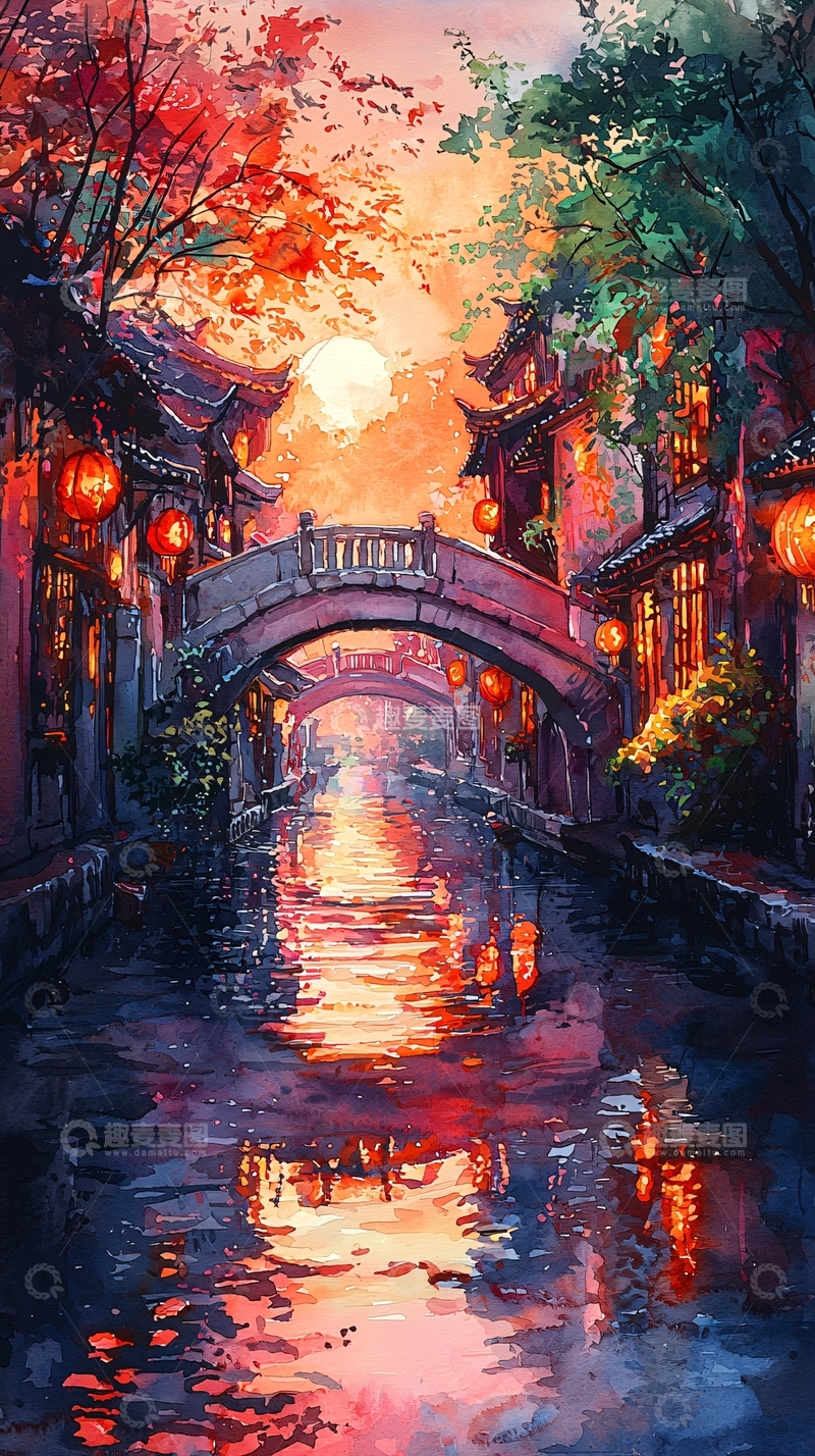高清大图下载【趣麦麦图】水彩风格的江南水乡