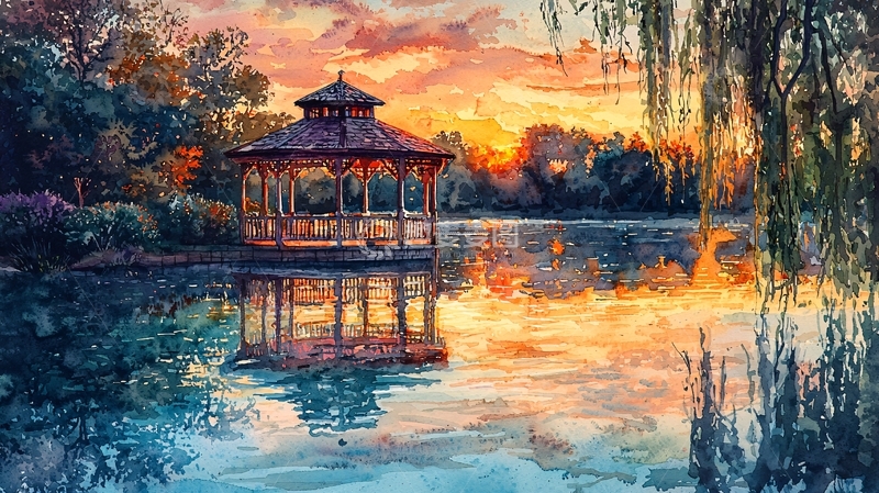 高清大图下载【趣麦麦图】湖边凉亭唯美日落