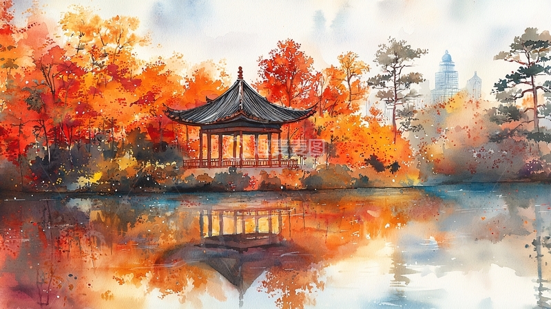 高清大图下载【趣麦麦图】秋日湖畔的亭子