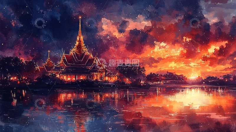 高清大图下载【趣麦麦图】奇幻风格寺庙夜景