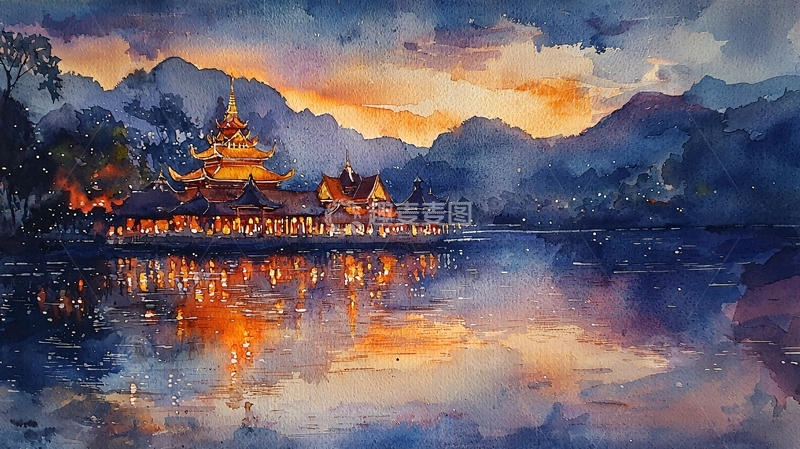 高清大图下载【趣麦麦图】湖边建筑在日落时的水彩画