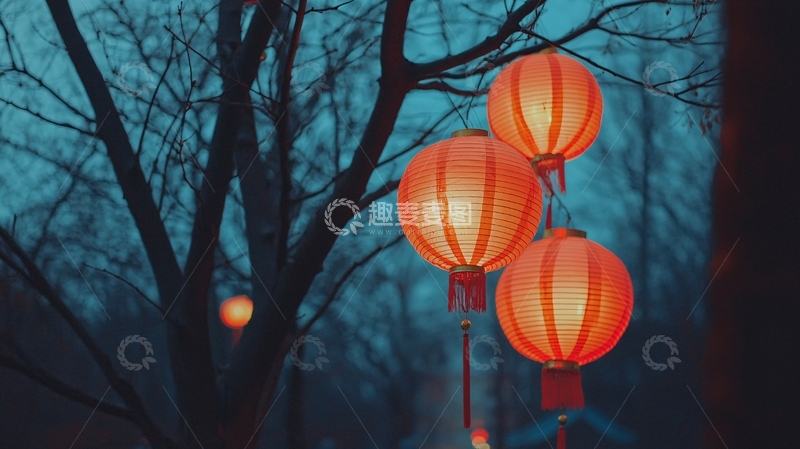 高清大图下载【趣麦麦图】夜色中三个红灯笼