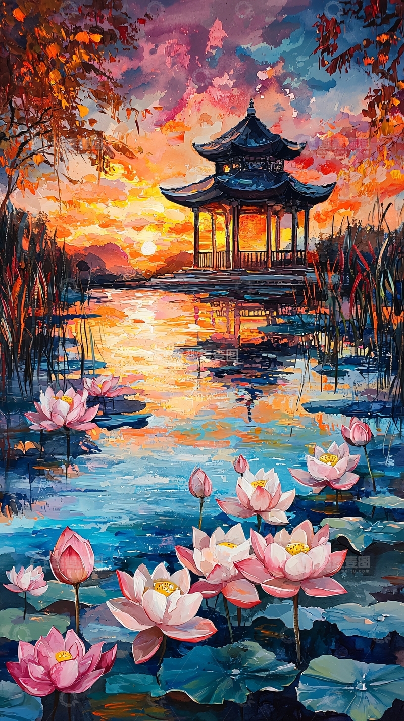 高清大图下载【趣麦麦图】日落亭台荷花水景