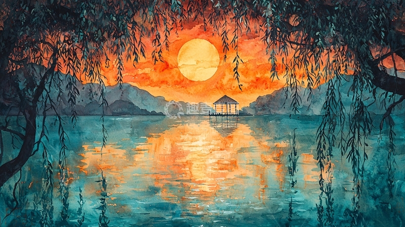 高清大图下载【趣麦麦图】红日西沉湖边亭