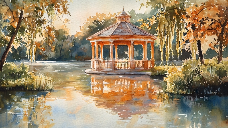 高清大图下载【趣麦麦图】水边凉亭与秋日树木水彩画