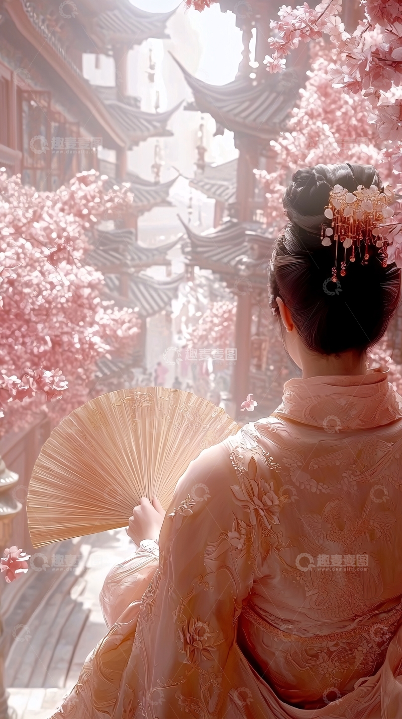 高清大图下载【趣麦麦图】粉衣女子回眸望粉樱