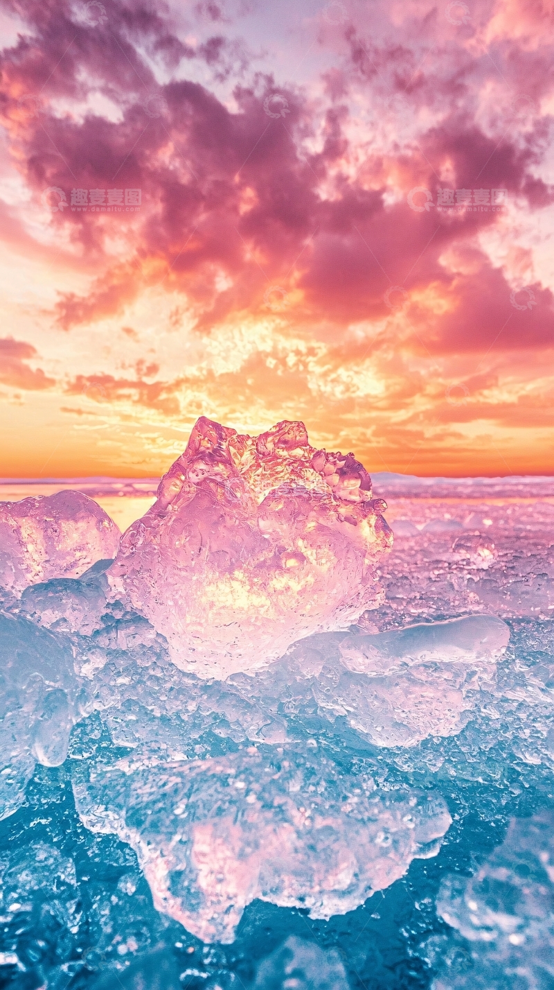 高清大图下载【趣麦麦图】粉色天空下的冰块