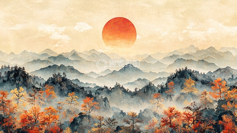 高清大图下载【趣麦麦图】水墨风山水日出唯美意境