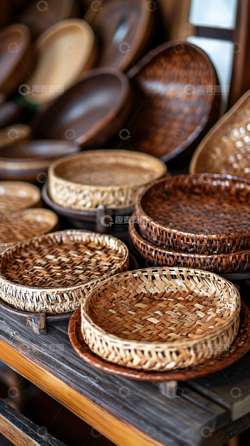 高清大图下载【趣麦麦图】堆叠的藤编盘子