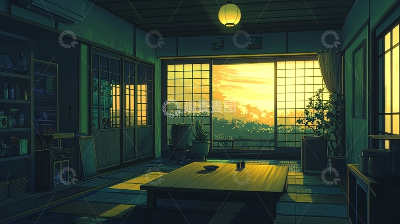高清大图下载【趣麦麦图】日式房间夕阳景色
