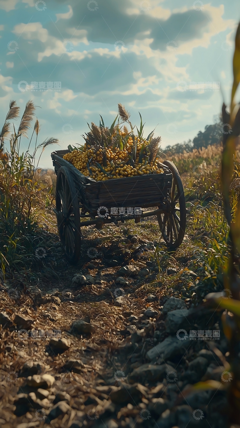 高清大图下载【趣麦麦图】秋日田园老旧木制手推车