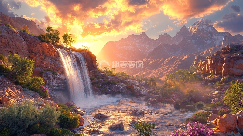 高清大图下载【趣麦麦图】壮丽日落下的瀑布山景