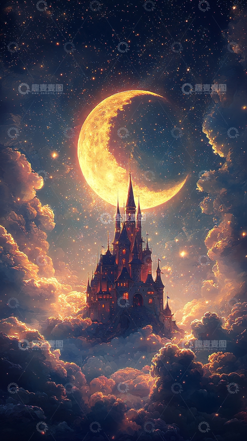 高清大图下载【趣麦麦图】梦幻城堡与新月夜空