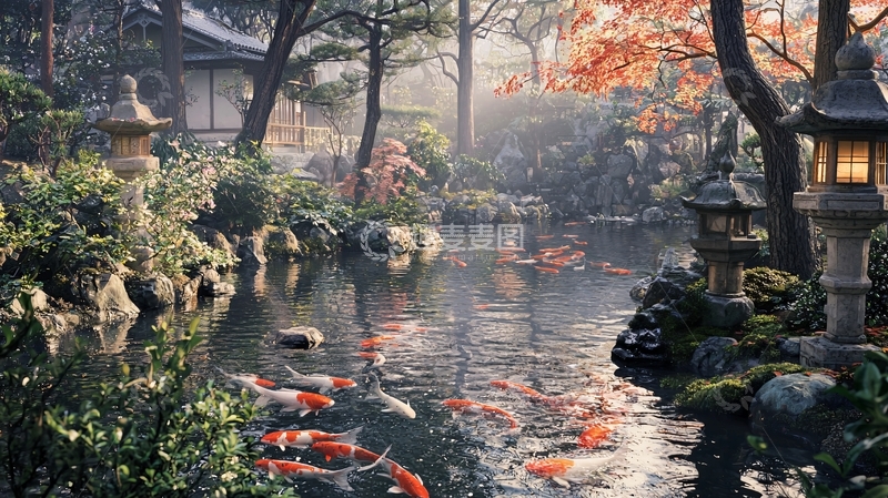 高清大图下载【趣麦麦图】雾气朦胧的日式庭院